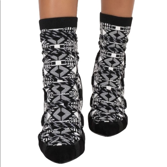 Azalea Wang Vegan Leather Black & White Sock High Heel Ankle Booties - Picture 2 of 4